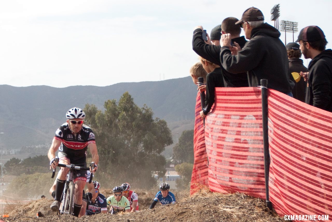 Murray Swanson gets the holeshot to lead the Masters A field up the bump before the finish. © Cyclocross Magazine