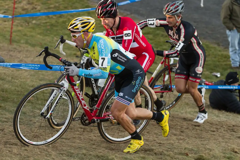 Myerson charges up the run-up following the stairs, with Milne and Favata in tow. © Todd Prekaski