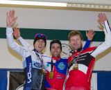The 2012 Verge New England Cyclocross Series overall podium: Durrin, Lindine, Milne. © Todd Prekaski