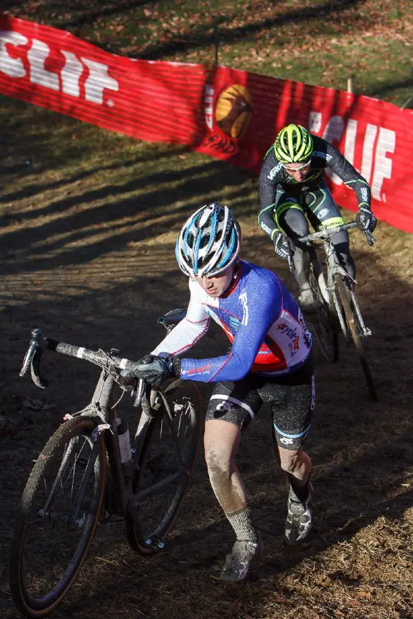 Ian Keough, wearing the Junior 15-18 Verge New England Cyclocross Series leader\'s jersey, just in front of Mike Magur, who claimed the leader\'s jersey in the 35+ category today at Baystate 2013. © Russ Campbell
