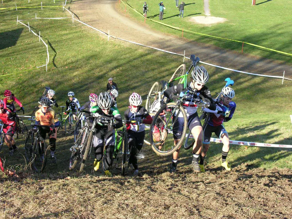 Elite women take the run-up. Baystate Cyclocross, Day 1. ? Paul Weiss     