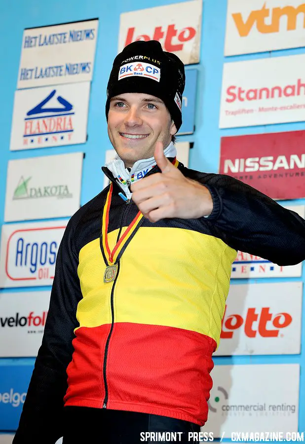 Niels Albert final gets the tri-color jersey on the podium of the 2011 Belgian Championship cyclo cross race in Antwerpen. Sunday Jan. 9, 2010. ( SPRIMONT PRESS / Laurent Dubrule )