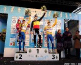 Bart Wellens (2nd) with his kid, Niels Albert Winner and Kevin Pauwels (3rd) on the podium of the 2011 Belgian Championship cyclo cross race in Antwerpen. Sunday Jan. 9, 2010. ( SPRIMONT PRESS / Laurent Dubrule )