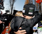 Niels Albert celebrates with his wife as he win the men elite 2011 Belgian Championship cyclo cross race in Antwerpen. Niels Albert is the 2011 Belgian Champion. Sunday Jan. 9, 2010. ( SPRIMONT PRESS / Laurent Dubrule )