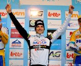 Niels Albert, surrounded by Wellens and Pauwels on the podium of the men elite 2011 Belgian Championship cyclo cross race in Antwerpen. Niels Albert is the 2011 Belgian Champion. Sunday Jan. 9, 2010. ( SPRIMONT PRESS / Laurent Dubrule )