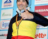 Niels Albert final gets the tri-color jersey on the podium of the 2011 Belgian Championship cyclo cross race in Antwerpen. Sunday Jan. 9, 2010. ( SPRIMONT PRESS / Laurent Dubrule )