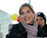 Niels Albert 's wife celebrates as her husband become Belgian Champion after winning the men elite 2011 Belgian Championship cyclo cross race in Antwerpen. Niels Albert is the 2011 Belgian Champion. Sunday Jan. 9, 2010. ( SPRIMONT PRESS / Laurent Dubrule )