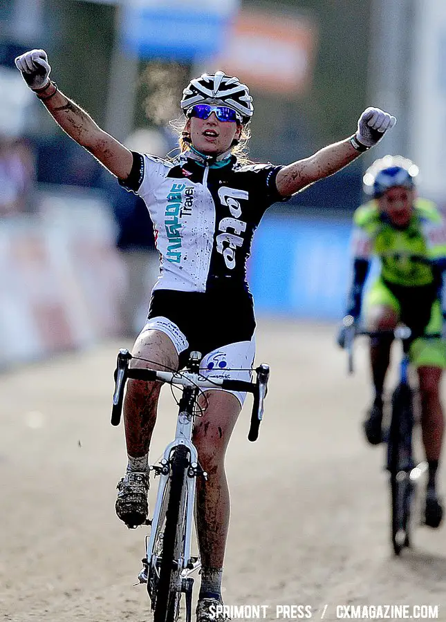 Van Den Driessche celebrates as wins the sprint to take the Junior Women 2011 Belgian National Championship cyclo cross race in Antwerpen. Sunday Jan. 9, 2010. ( SPRIMONT PRESS / Laurent Dubrule )