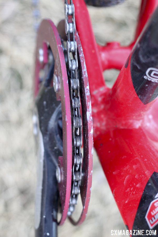 Bashguards sandwich the single chainring to ensure it stays in place. © Cyclocross Magazine