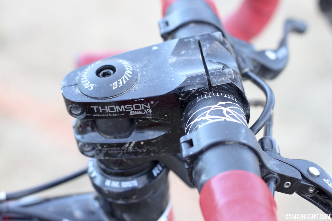 A Thompson Elite x4 mountain bike stem is used to bring the reach in. © Cyclocross Magazine