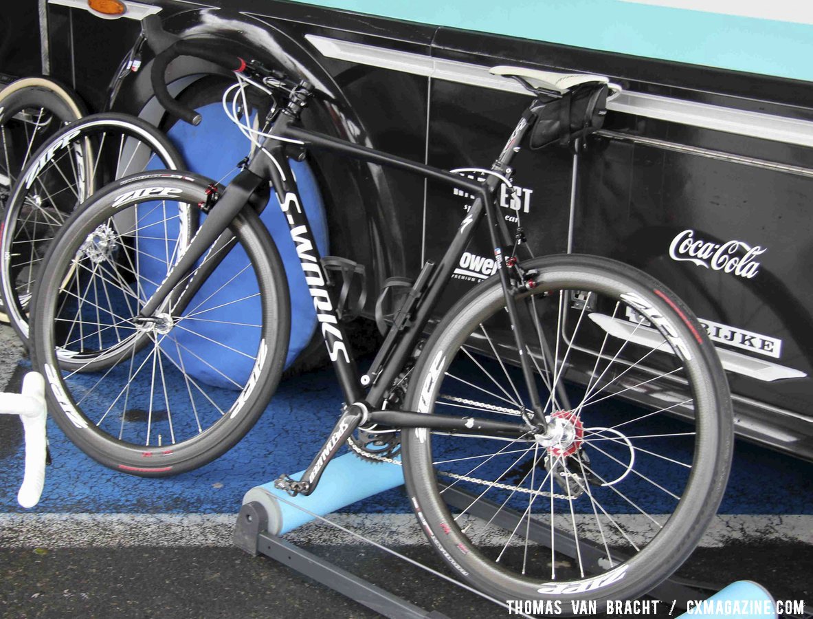 Stybar also has this stealth black, pump-equipped Crux for riding the rollers and spinning on the road. ©Thomas van Bracht