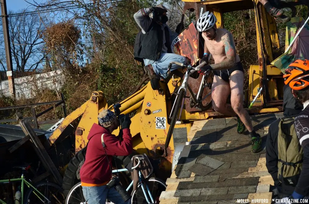 Heading to the finish, winning in the almost nude, at Bilenky Junkyard Cross. © Cyclocross Magazine