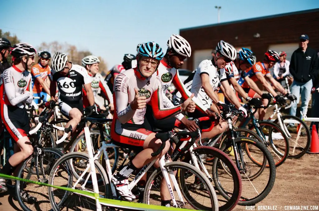 Before the SS race, Britton Kusiak of Team Colavita/Parisi Coffee (on the white Jamis Nova Race) gives a thumbs up for good measure. © Rudy Gonzalez