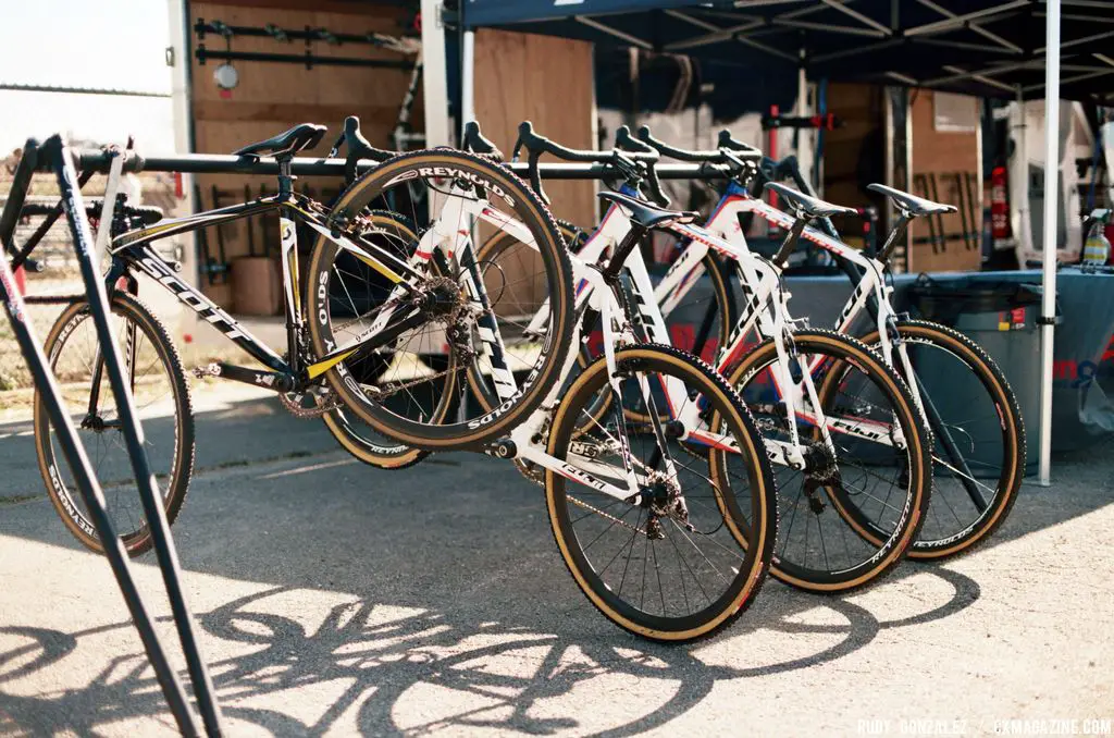The Fuji Demo Tour was also on hand to let racers try out some of Fuji’s new cyclocross bikes (the photo of the bikes hanging up). © Rudy Gonzalez
