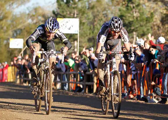 Tim Johnson and Geoff Kabush battle for 3rd and 4th place. Johnson would eventually nip Kabush on the line for 3rd place. © 2011 Jody Grigg