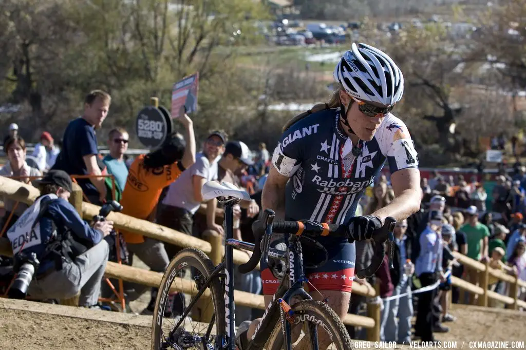 Flora Duffy, # 30 chased by Sarah Maile, #16,  of the Ventana Mountain Bikes team on the steps. © Greg Sailor - VeloArts.com