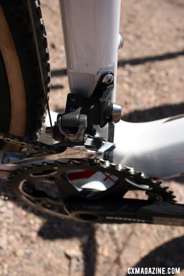 A massive bottom bracket, Shimano CX750 front derailleur mated to SRAM Double Tap levers create a mix-and-match shifting system that works. © Cyclocross Magazine