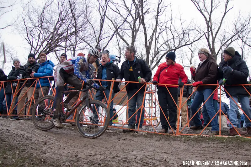 U23 rider Tobin Ortenblad enjoys some loud cheering from fans at the Elite World Championships of Cyclocross 2013. © Brian Nelson