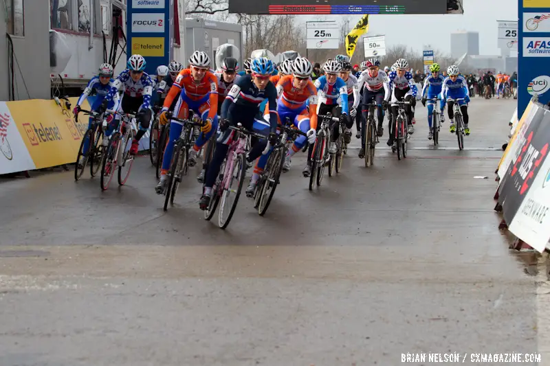 Lucie Chainel-Lefevre taking the holeshot at the Elite World Championships of Cyclocross 2013. © Brian Nelson