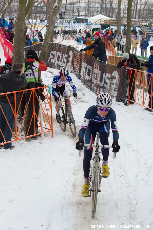 Clement Russo leads Logan Owen in the 17-18 field at the Elite World Championships of Cyclocross 2013. © Brian Nelson