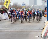 The women charge at the start with Lucie Chainel-Lefevre taking the holeshot at the Elite World Championships of Cyclocross 2013. © Brian Nelson