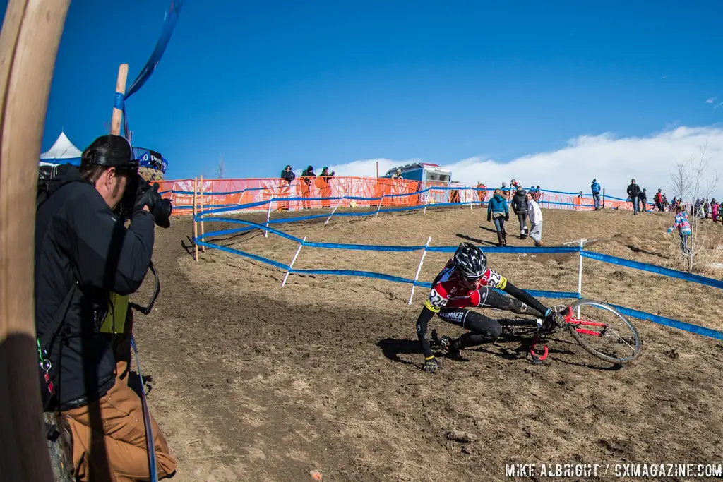 The off-camber was treacherous in the 13-14 race at 2014 USA Cycling National Championships. © Mike Albright