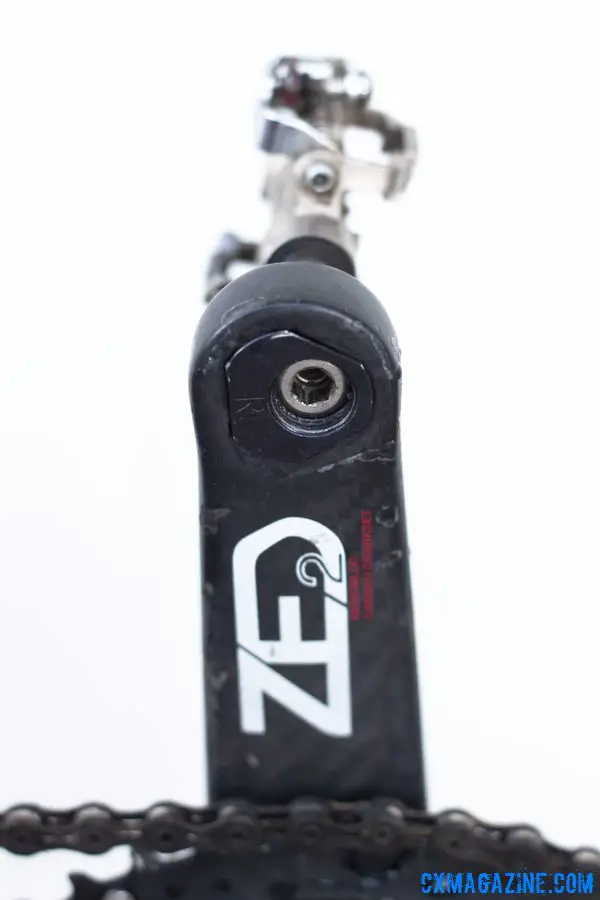 Look\'s ultralight ZED2 crankset allows for different crank lengths by just rotating the threaded pedal insert. Calfee Manta CX Prototype. © Cyclocross Magazine