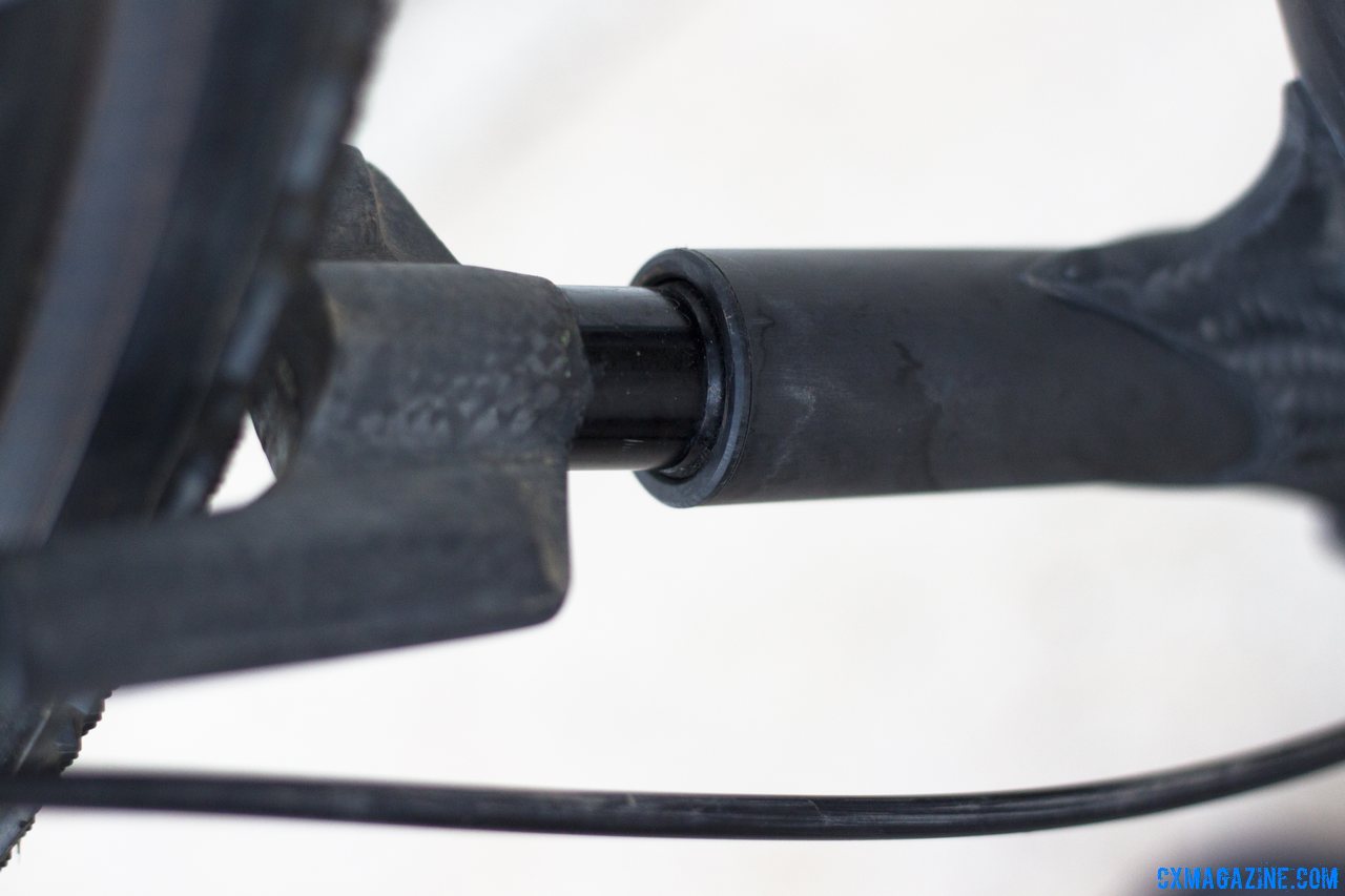 There\'s a ball socket on the end of the wishbone, and a metal spring interfaces with the ball inside the tube. Calfee Manta CX Prototype. © Cyclocross Magazine