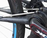Calfee Design opts for smaller diameter, thicker wall chainstays for toughness (they are in the carbon repair business and see a lot of failures), and stainless steel-wrapped carbon tubes to optimize the flex on the Manta platform. © Cyclocross Magazine