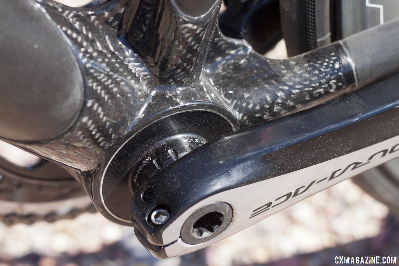 Calfee's new Manta softtail suspension platform for road and cyclocross bikes features Look's massive bottom bracket shell, but adapters are available for 