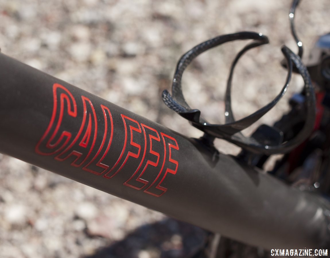 A bold new logo on Calfee's new Manta softtail suspension platform for road and cyclocross bikes. © Cyclocross Magazine