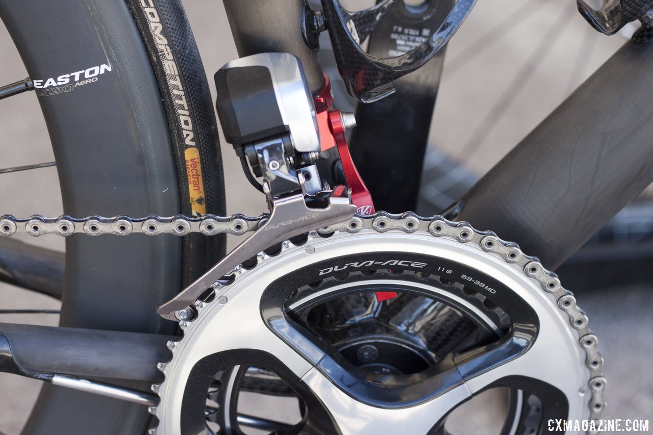 Dura-Ace 9070 Di2 on Calfee's new Manta softtail suspension display road bike. © Cyclocross Magazine