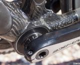 Calfee's new Manta softtail suspension platform for road and cyclocross bikes features Look's massive bottom bracket shell, but adapters are available for "standard" cranksets. © Cyclocross Magazine