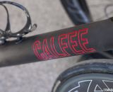 A bold new logo on Calfee's new Manta softtail suspension platform for road and cyclocross bikes. © Cyclocross Magazine