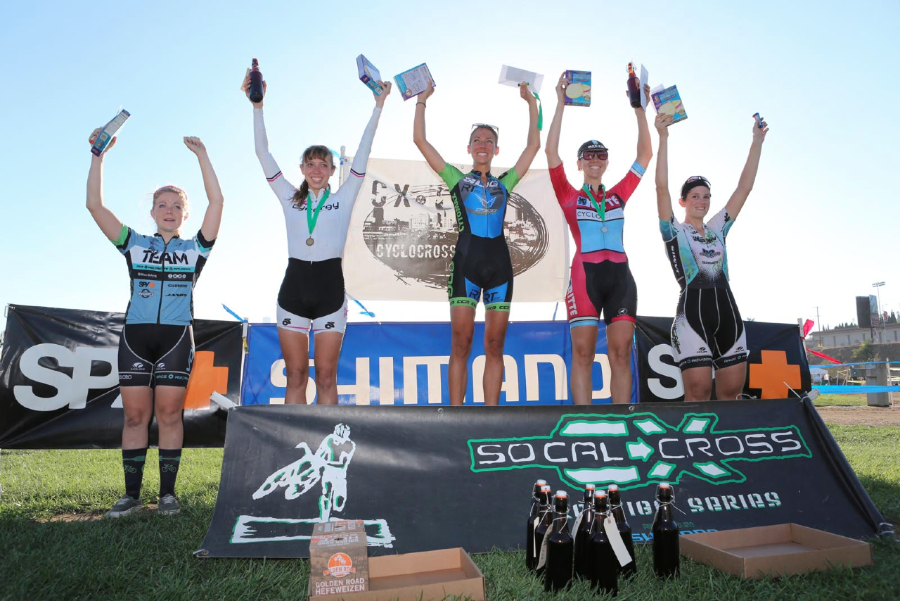 Top five in Women’s A, from left to right: McKenzie Melcher (The Team), Hannah Rae Finchamp (Cynergy), Carolin Shiff (SDG/Felt p/b IRT), Amanda Schaper (Ritte CX Team) and Rebecca Siegal (SoCalCross).© Phil Beckman/PB Creative