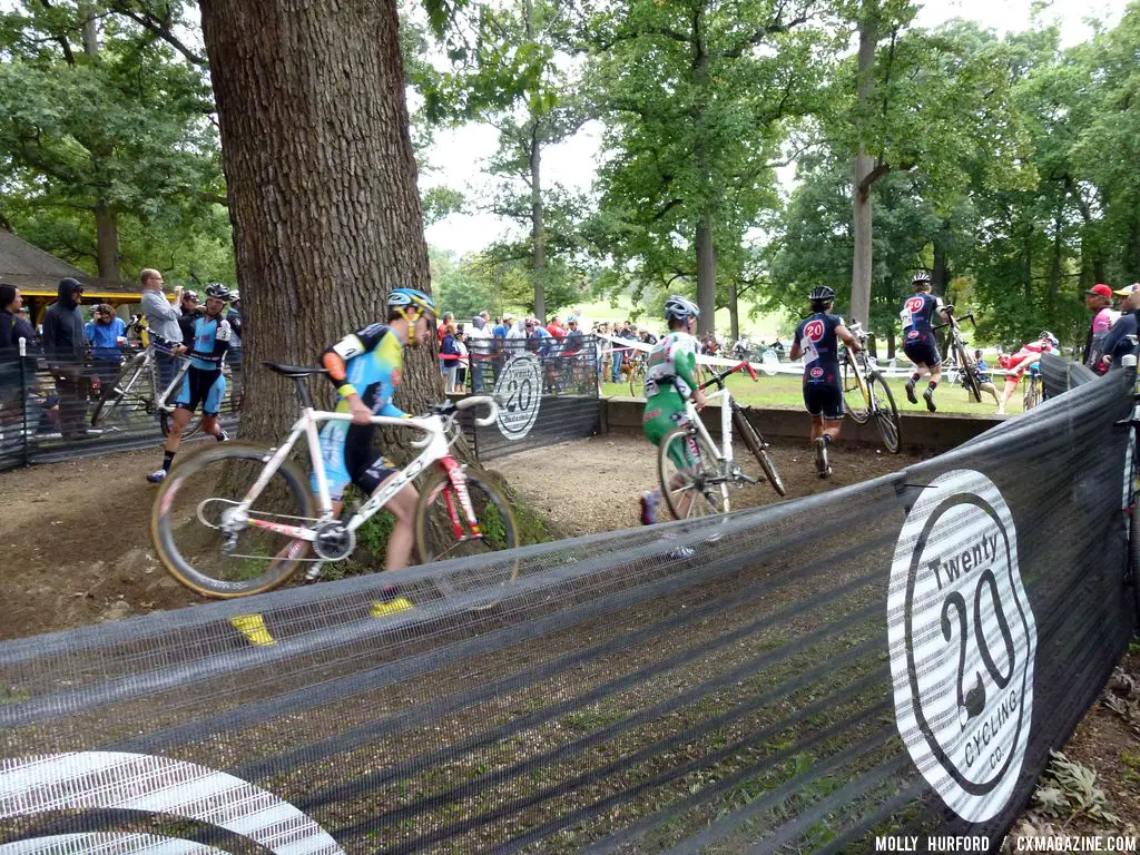 Running around the tree barriers.  © Cyclocross Magazine