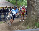 Mike Garrigan leads into the tree barrier. Running around the tree barriers.  © Cyclocross Magazine