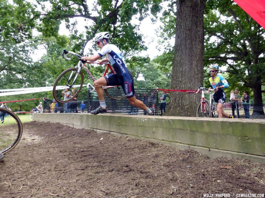Jeremy Durran was leading the chase group of four riders. Field takes the natural barriers. © Cyclocross Magazine