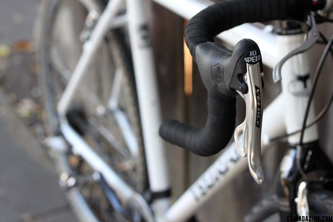 Campy shifters mated to a Rapid Rise Shimano derailleur: A CXM specialty! ©Cyclocross Magazine