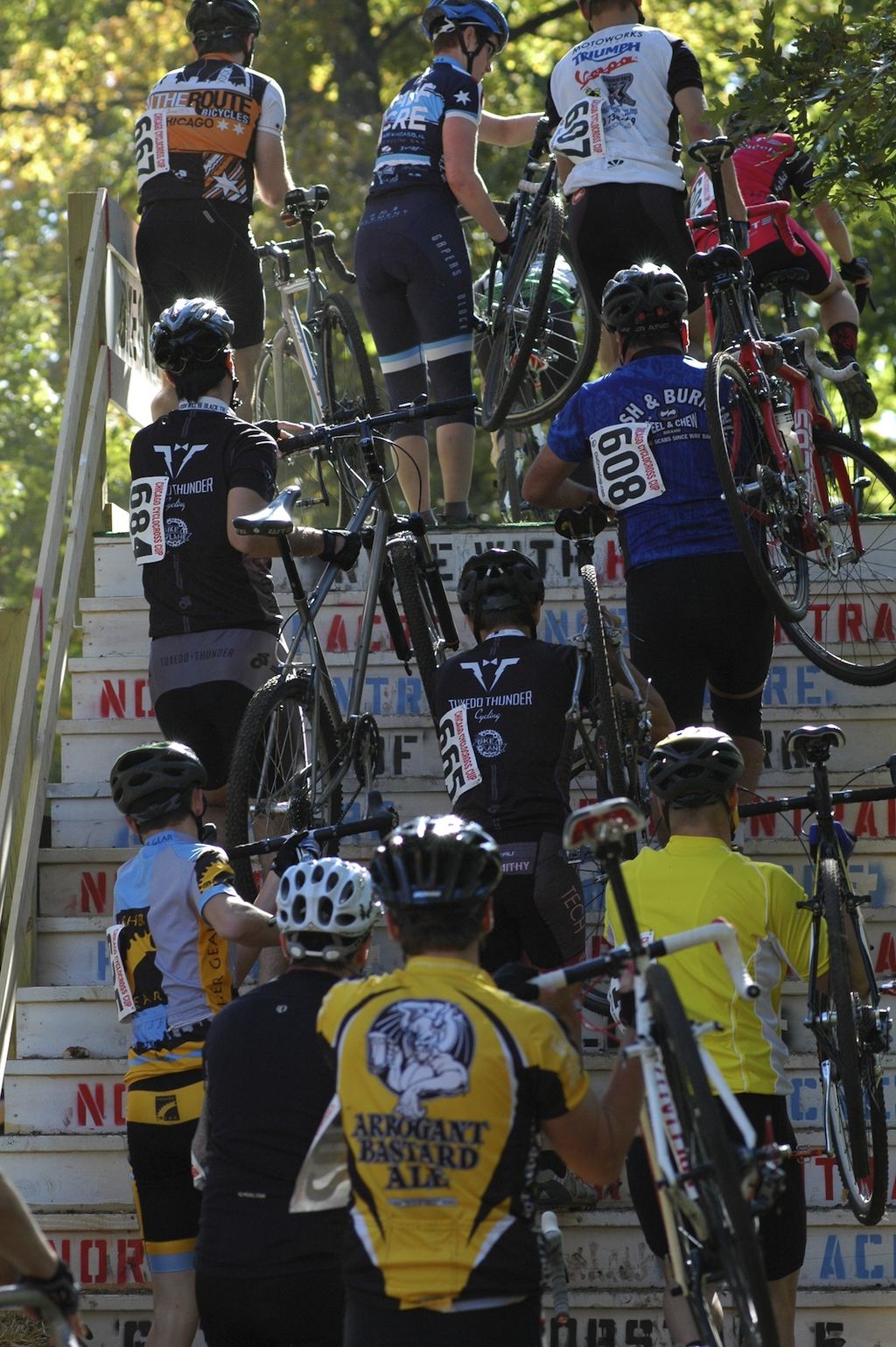 The Cat 4b\'s take the flyover at the Chicago Cross Cup at Hopkins Park in Dekalb Illinois.  © Aaron Johnson.