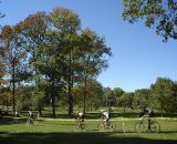 Cat 1/2/3 riders roll along the course at the Chicago Cross Cup at Hopkins Park in Dekalb Illinois.  © Aaron Johnson