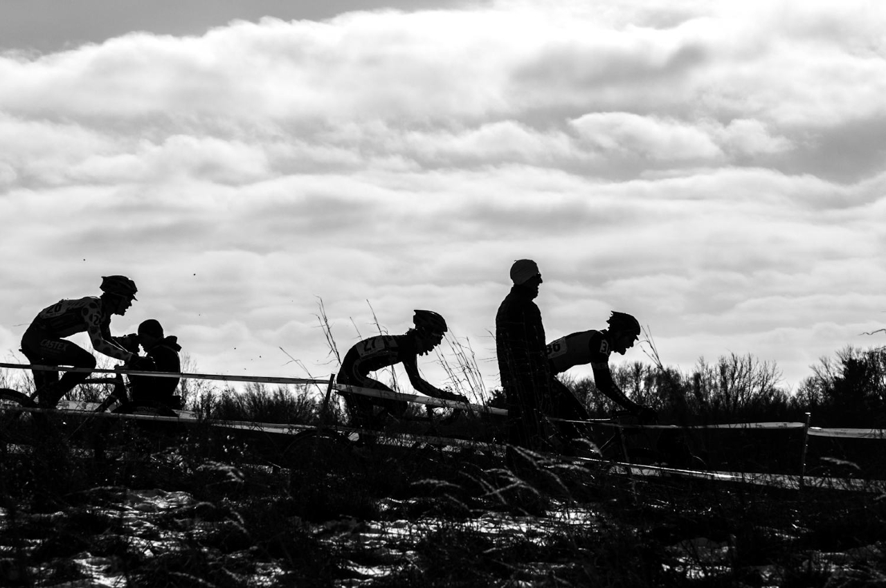 Riders silhouetted as the sun went down at the 2013 Cyclocross National Championships. © Chris Schmidt