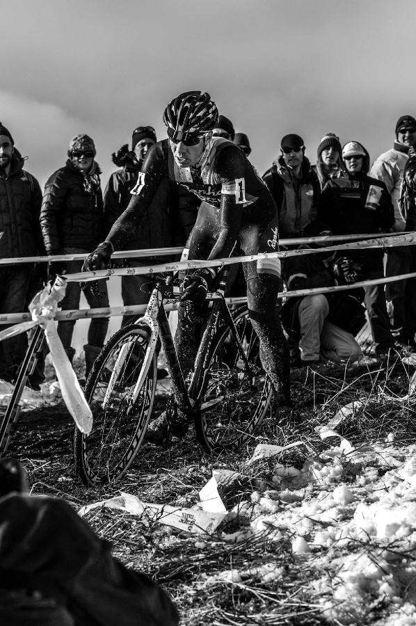 Powers puts a leg out at the 2013 Cyclocross National Championships. © Chris Schmidt