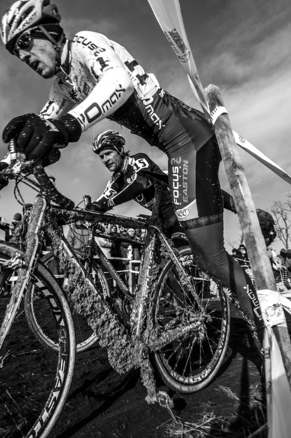Jeremy Durrin remounts at the 2013 Cyclocross National Championships. © Chris Schmidt