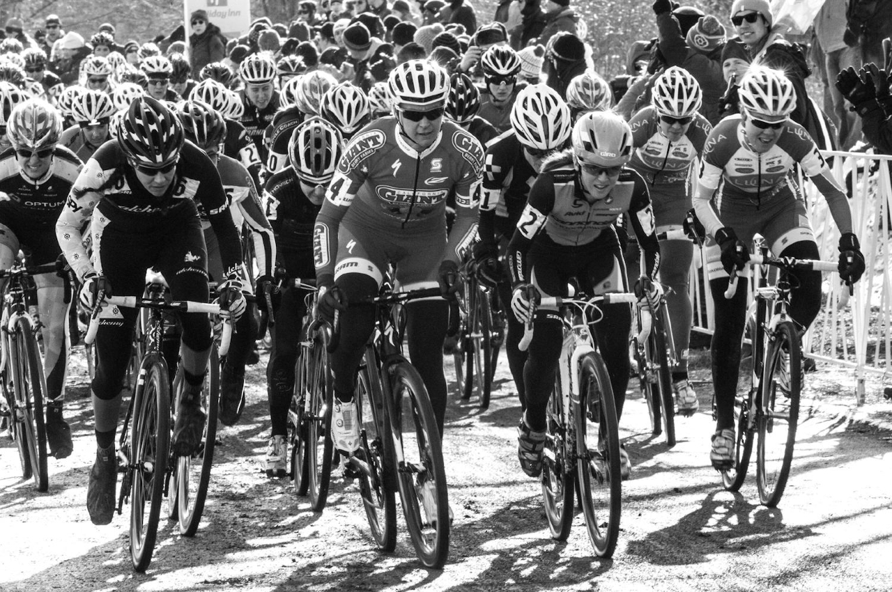 The women charge off the line at the 2013 Cyclocross National Championships. © Chris Schmidt