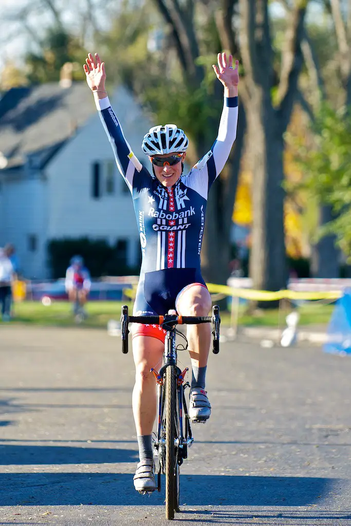 Katie Compton crosses the line for her second win in as many days. ©Jeffery Jakucyk
