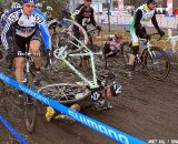 The first time through the mud behind the announcers' booth was a popular pile-up spot © Janet Hill