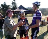 Pat Malach and a multi-tasking Liberles interview Trebon post-race © Dave Roth