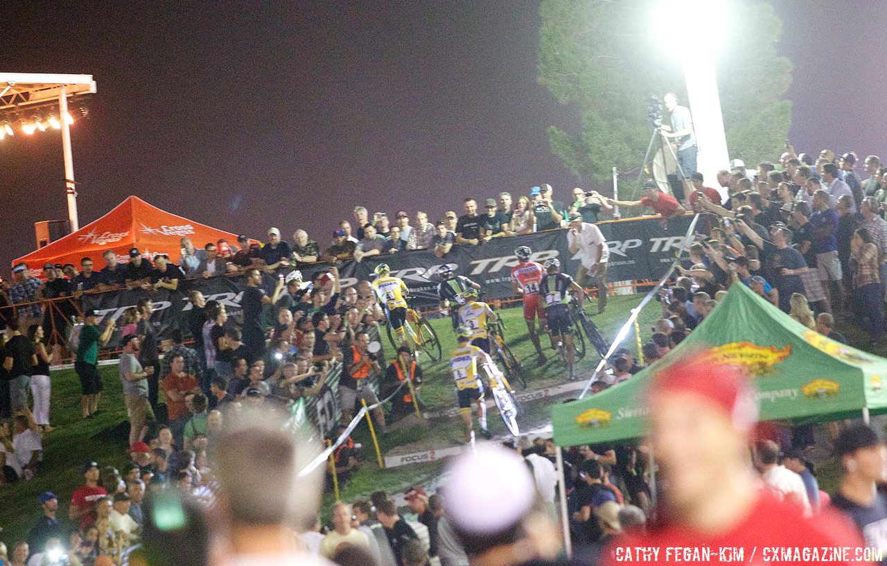 The men head up the TRP stairs at Cross Vegas 2013. © Cathy Fegan-Kim / Cyclocross Magazine