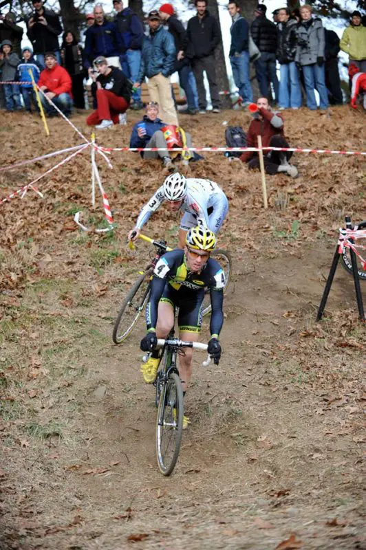 Dylan McNicholas (Pedro’s) leads Adam Myerson (Cycle-Smart) through the off camber © Natalia Boltukhova | Pedal Power Photography | 2010